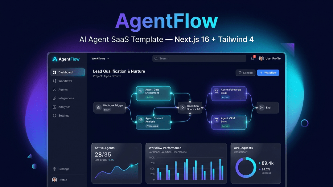 AgentFlow – AI Agent SaaS Template (Next.js 16 + Tailwind CSS 4) preview 1