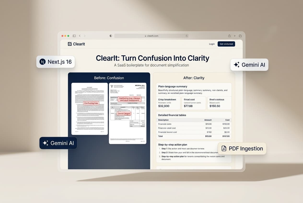 ClearIt — Next.js 16 AI Document Explainer & SaaS Boilerplate preview 1