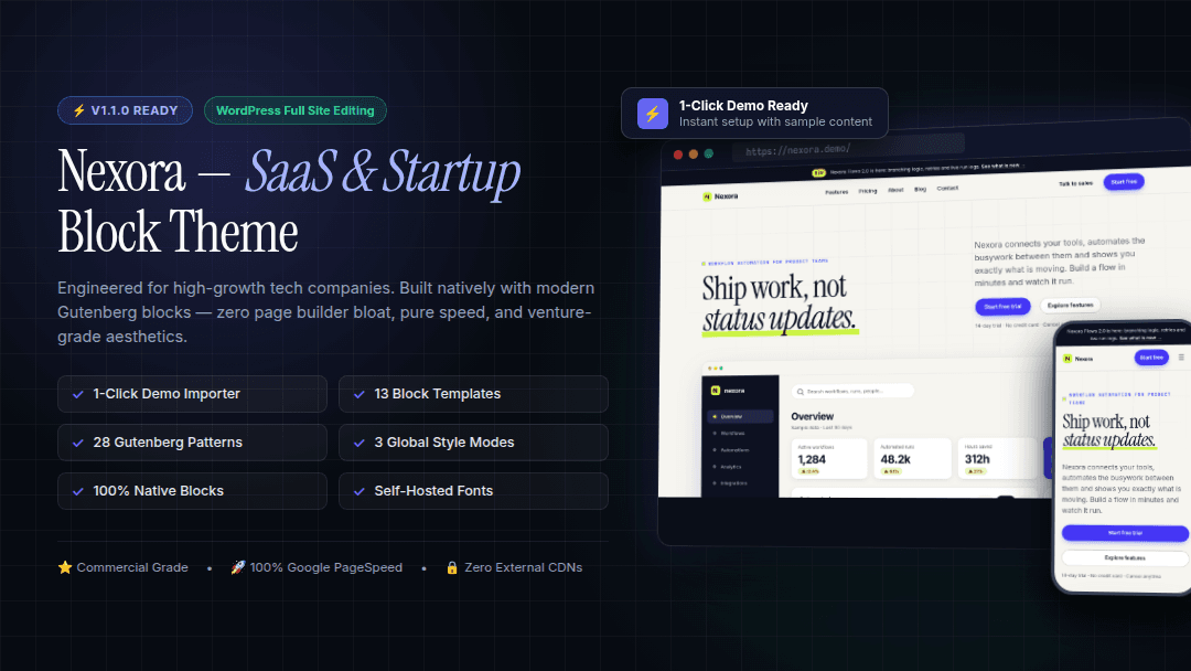 Nexora — Premium SaaS & Tech Startup WordPress Block Theme preview 1